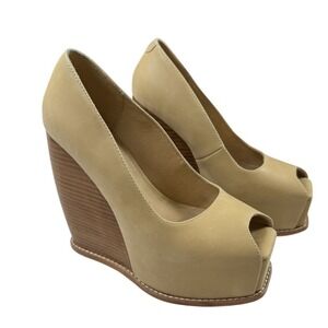 Zigi Milluh Peep Toe Platform Wedge Sandal Square Heel Nude Leather Sz 7